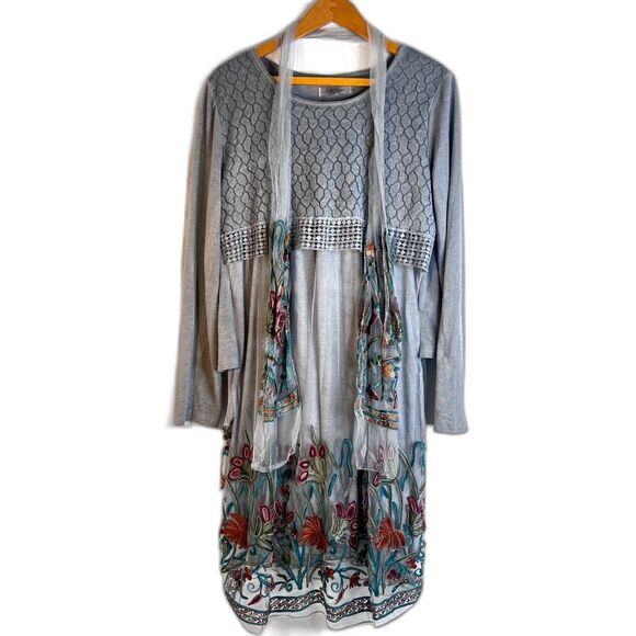 Simply Couture Gray Embroidered Tunic Dress w/ Scarf Size XL Boho Chic Dressy - Picture 1 of 9